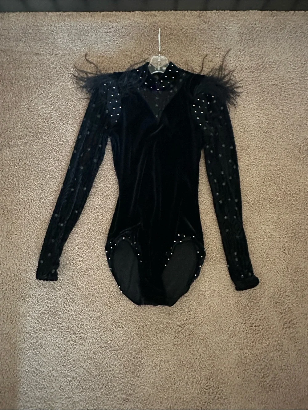 Weissman Black Velvet Feather-Trim Studded High-Neck Leotard